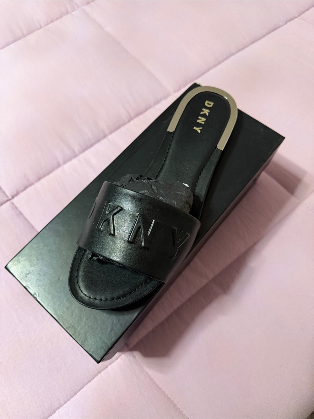 DKNY Black Embossed Logo Leather Slide Mule
